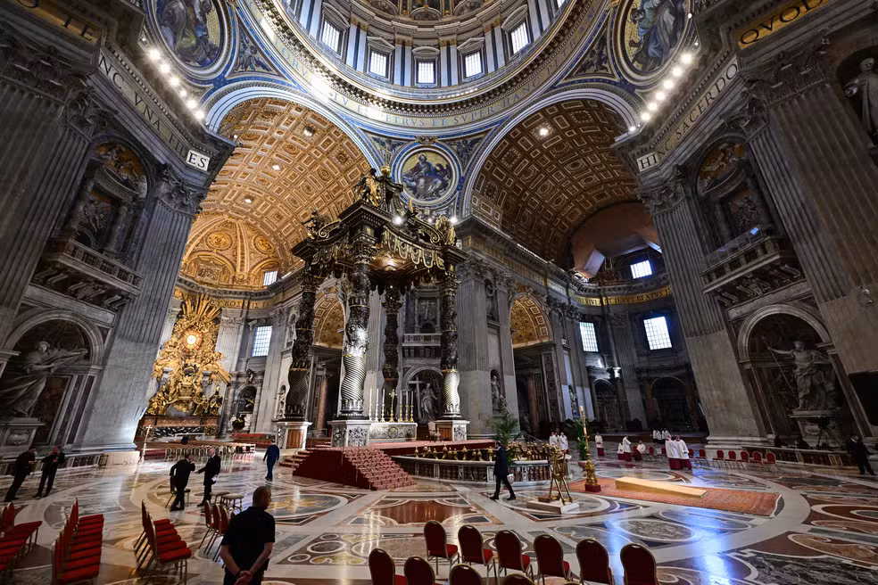 110799814 topshot this photograph shows an inside view of the st peter basilica prior to the arriv